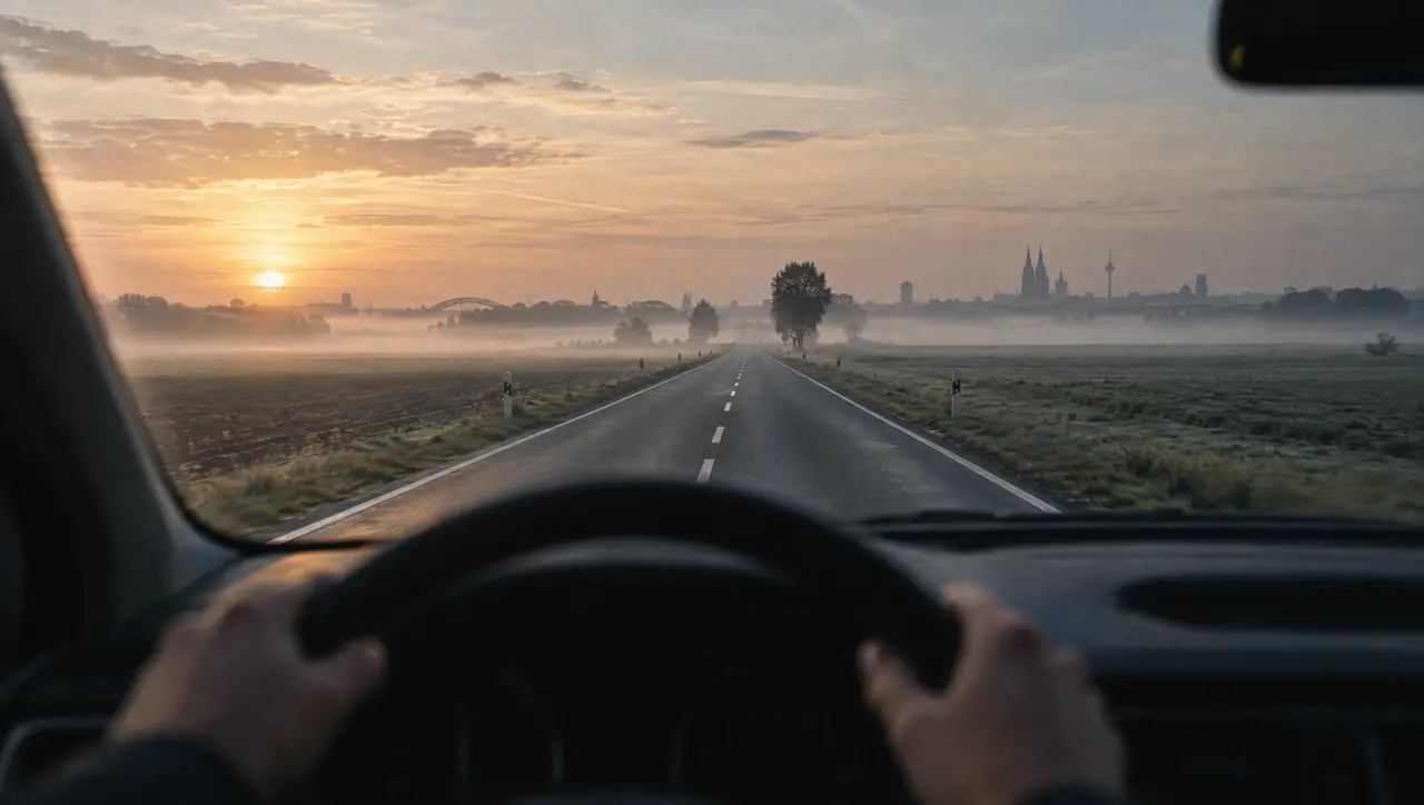 Leere Landstraße bei Sonnenaufgang aus Fahrersicht